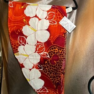 Vintage barkcloth red and orange hibiscus bikini sarong‎ side tie. 410